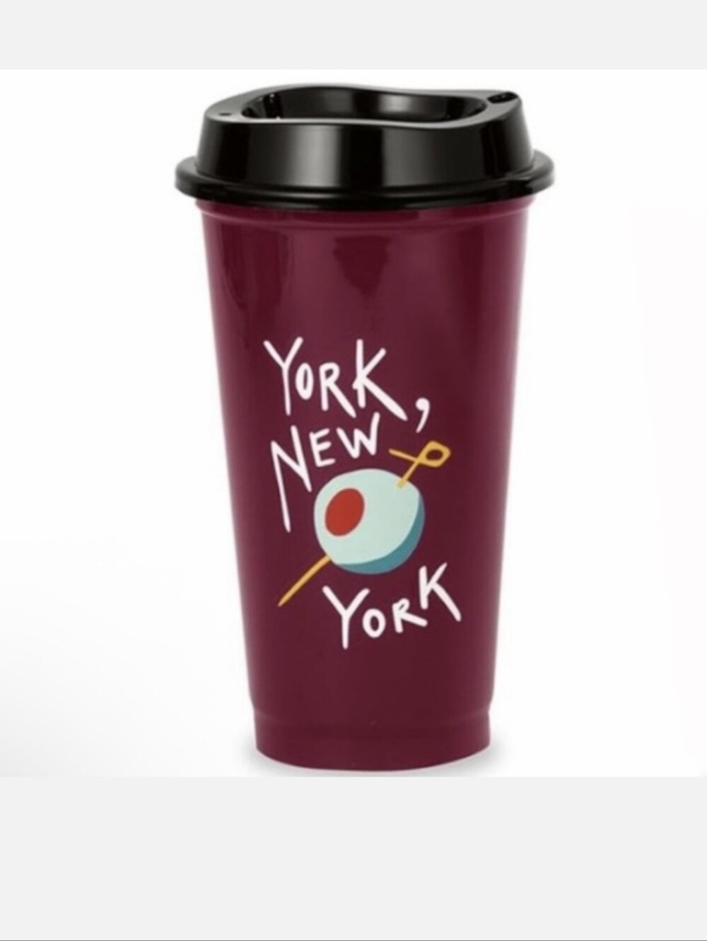 kate spade Burgundy Travel Tumbler with Black Lid and Fun Graphic